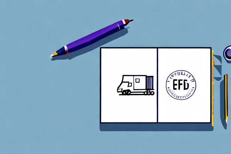 A minimalist illustration of a pencil and pen lying on a table. Next to them, an open notebook showcases a drawing of a truck and an EFD stamp, subtly hinting at the required precision akin to FedExs service—where even an indirect signature speaks volumes.