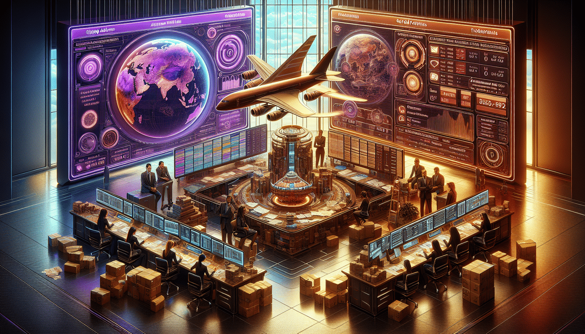 In a futuristic control room, experts analyze digital maps and data on large screens, featuring Earth and a plane model. Boxes of supplies, organized with precision using UPS CampusShip, are scattered around, while holographic displays enhance the high-tech atmosphere.