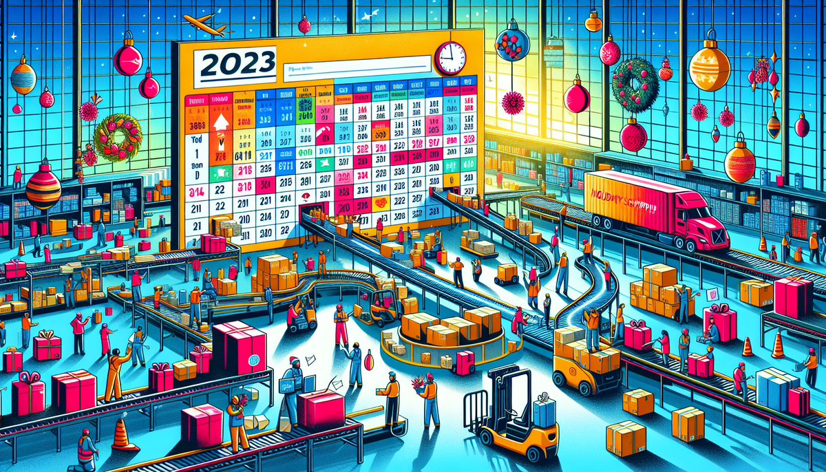 A vibrant illustration of a bustling holiday warehouse highlights everything you need to know. Workers sort and pack colorful gifts on conveyor belts. A large 2023 calendar dominates the scene, surrounded by festive decorations, echoing the FedEx Holiday Schedule as trucks load and forklifts move boxes.