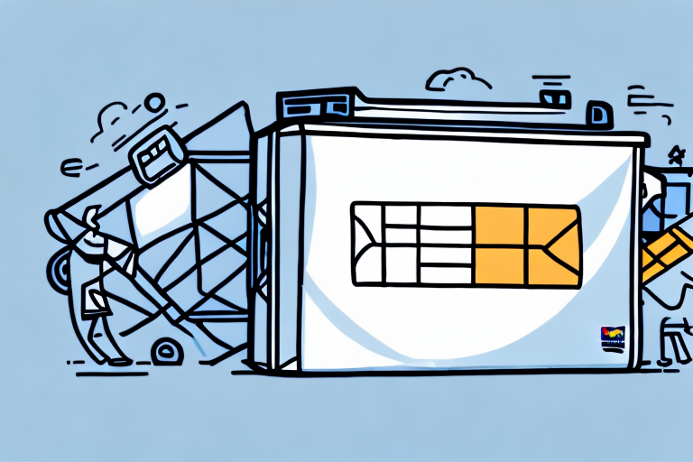 Illustration of people assembling a large white structure resembling a shipping container, with a prominent yellow window. The scene, reminiscent of a FedEx delivery station, includes geometric shapes and symbols set against a light blue background.