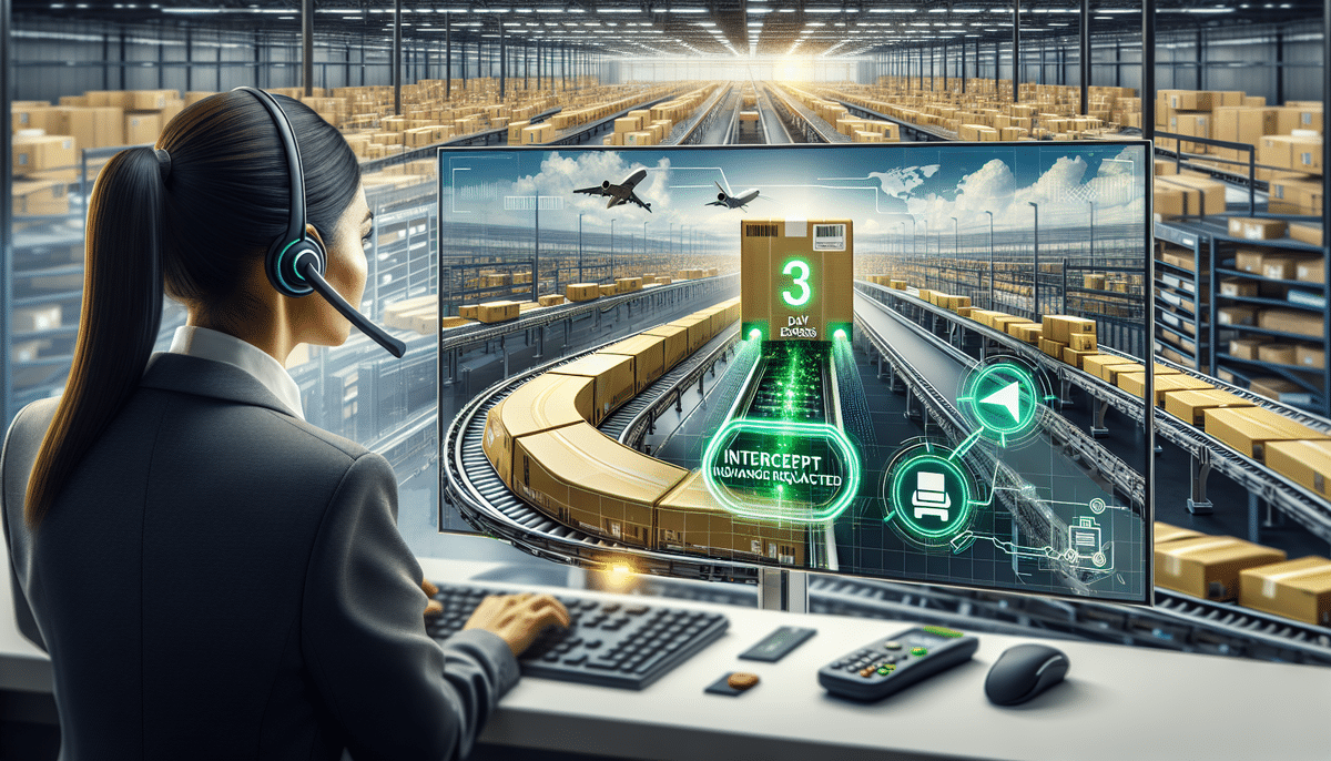 A woman in a headset sits at a computer, overseeing a futuristic distribution center with conveyor belts and packages marked for UPS 3 Day Select. A digital interface displays delivery details while drones hover above the warehouse, ensuring seamless third-party delivery operations.