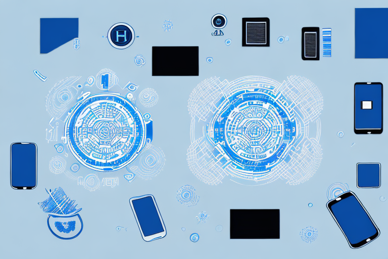 A futuristic digital collage, rich with meaning, features two complex blue circuitry designs on a light blue background. Surrounding them are various blue and black rectangles and abstract shapes, reminiscent of mobile devices and tablets.