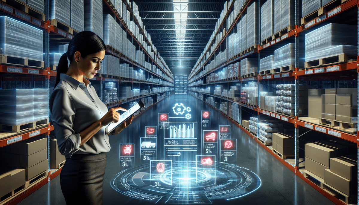 A woman in a warehouse uses a tablet surrounded by holographic data displays, skillfully identifying inventory among towering shelves stocked with boxes. Illuminated icons and graphs suggest advanced inventory management or logistics technology at work.