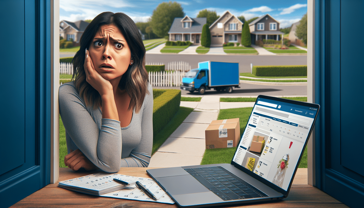 A worried woman sits at a table with a laptop showing an online shopping site, grappling with an Amazon delivery issue. A calendar and pen are beside her. Outside, a delivery truck is on the street, though her package is missing. Houses with manicured lawns are visible in the background.