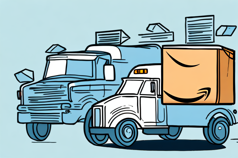 Illustration of two delivery trucks racing. The truck in the foreground, reminiscent of Amazon delivery vehicles, has a large box with a smiling logo on it. Envelopes with arrows indicate speed, all set against a light blue background.