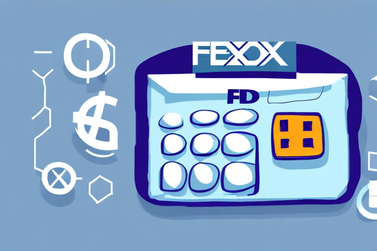 Illustration of a stylized shipping calculator with the word FEXX on top. It features large buttons labeled FD and symbols like circles and lines on the side, all set against a blue background, reminiscent of FedEx Grounds reliable shipping services.