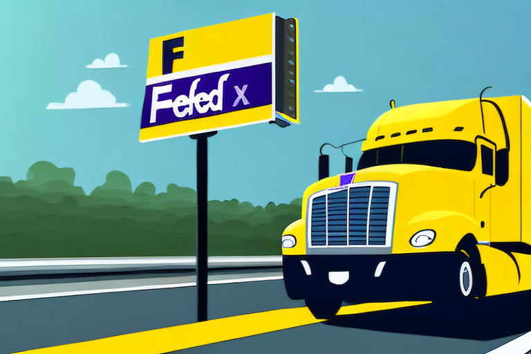 A yellow truck cruises down the highway beside a vibrant yellow and purple sign, hinting at FedEx with great rates. Against a backdrop of clear blue skies and lush green trees, this scene blends efficiency and reliability with every mile.