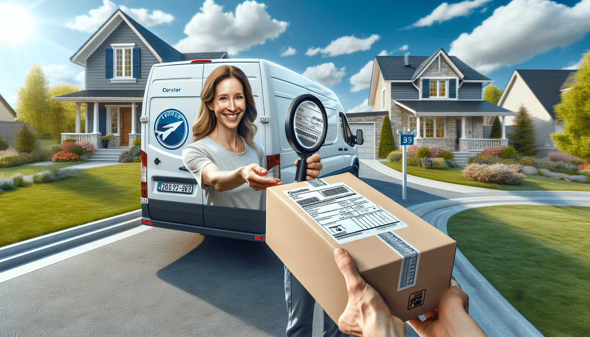 A smiling delivery woman with a magnifying glass is seen on the back of a courier van, reaching for a package held out by someone in a sunny suburban neighborhood. It’s as if she’s searching for the right address, hoping to avoid the dreaded FedEx Address Correction Fee. Houses and blue skies form the backdrop.