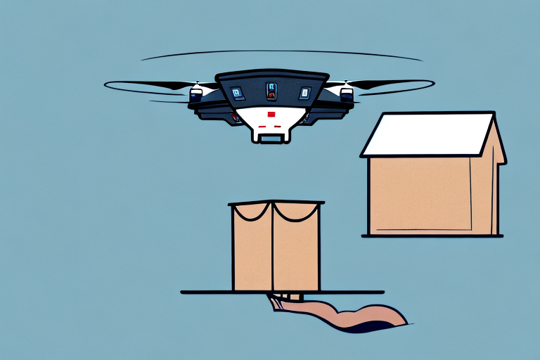 An illustration shows a drone with an Amazon delivered package gliding toward a house. A hand eagerly reaches out from the open window beneath the roof, ready for the delivery. The light blue background sets a serene scene, free from any Amazon delivery issue or missing package concerns.