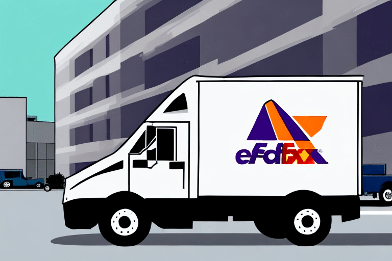 Illustration of a delivery truck with a logo reminiscent of FedEx Ship Manager, featuring abstract geometric shapes and colors. The truck is parked in an industrial area with buildings and other vehicles in the background, ready to schedule a pickup.