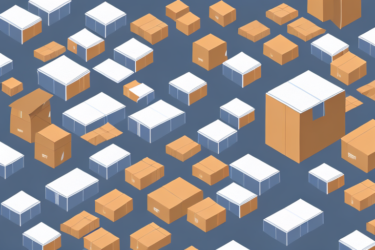 A pattern of various-sized cardboard boxes and white cubes scattered against a blue background reflects the excitement of Amazons Peak Season. The boxes and cubes, arranged in an isometric view, offer a vibrant 3D perspective that captures the essence of bustling holiday sales.