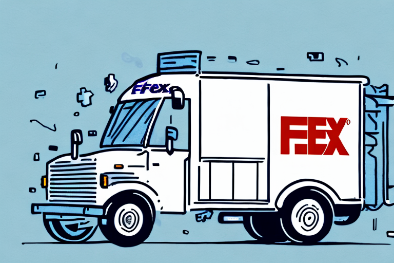 Illustration of a white delivery truck labeled FFEX on the windshield and FEX on the side, resembling a FedEx Same Day Delivery service. The truck is speeding forward with cartoon-style speed lines and debris, set against a light blue background.