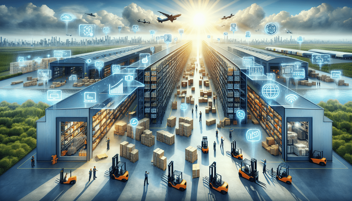 In a futuristic warehouse bustling with workers and forklifts, technology icons float above, symbolizing Oracle Warehouse Management Clouds logistics, automation, and connectivity. Airplanes soar overhead against a city skyline bathed in sunbeams.