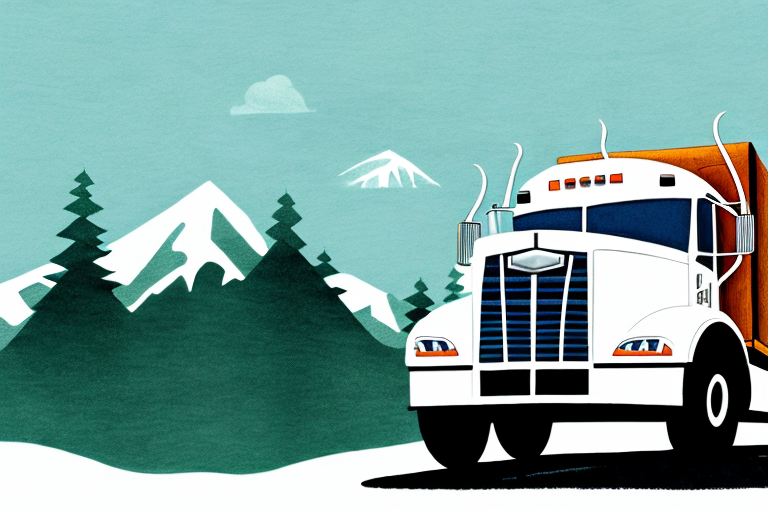 Illustration of a white semi-truck with an orange trailer, branded FedEx, navigating through a snowy Canadian landscape with pine trees and mountain peaks under a blue sky.