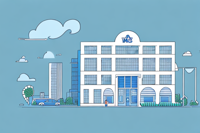 Illustration of a modern office building with blue accents, labeled WME at the top, representing a prominent commercial address. A car and tree are in the foreground, with additional office buildings and a blue sky with clouds in the background.