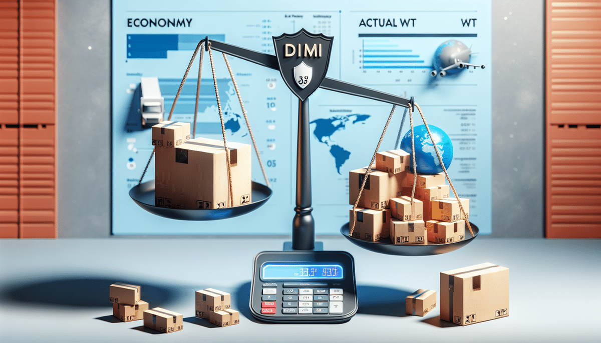 A scale balancing boxes labeled DIMI leans heavily to one side, hinting at disparities in shipping rates by weight. Nearby, a calculator and documents marked ECONOMY and ACTUAL WT, alongside a globe and airplane models, evoke logistics concepts like UPS shipping.