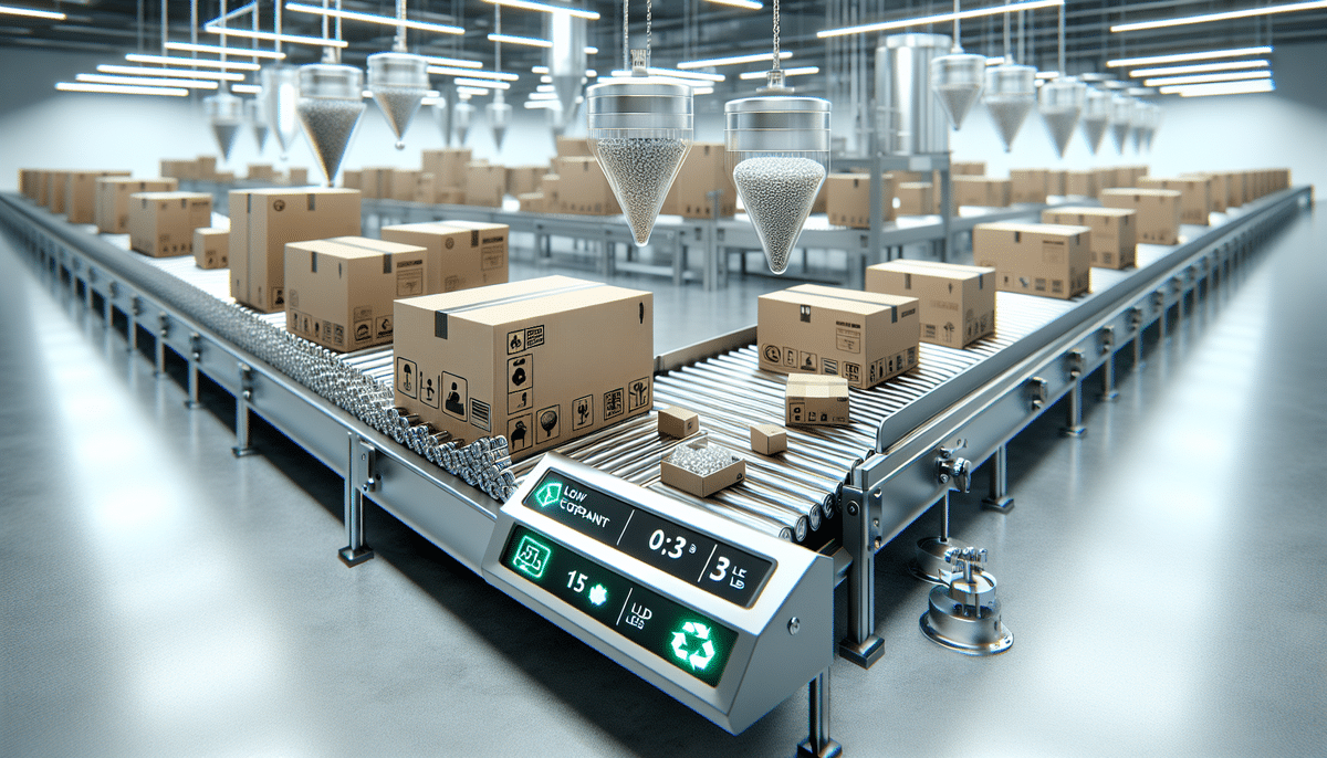 In a futuristic warehouse, a modern assembly line efficiently processes cardboard boxes on conveyor belts. Digital screens provide details about the contents and shipping, ensuring UPS Machinable standards. Overhead dispensers precisely add materials for lightweight packaging benefits.