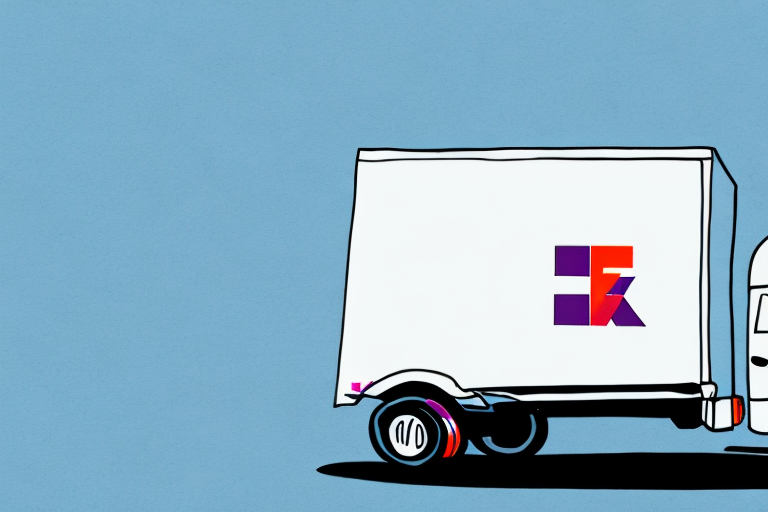 Illustration of a delivery truck with a stylized logo on its side, featuring purple and orange geometric shapes, capturing the essence of that last delivery. The truck is set against a light blue background, emphasizing prompt delivery time.