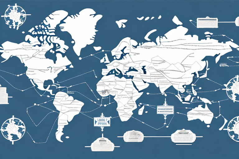 An artistic world map on a blue background with white continents, resembling a FedEx map. It features connected labels and diagrams spread across the map, creating an abstract design that hints at package arrival routes and FedEx shipping days.