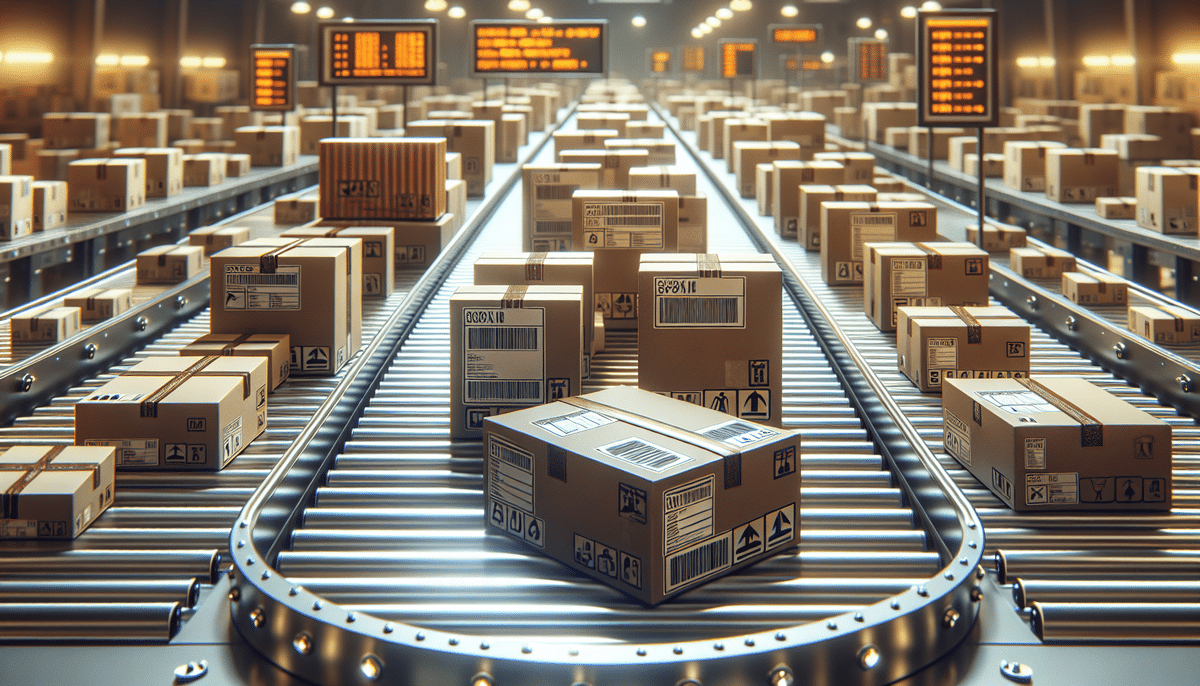Numerous cardboard boxes on a conveyor belt in a large UPS Shipping warehouse with illuminated signs displaying information. The setting is brightly lit, with packages efficiently moving along the automated system, ensuring optimal business rates for swift deliveries.