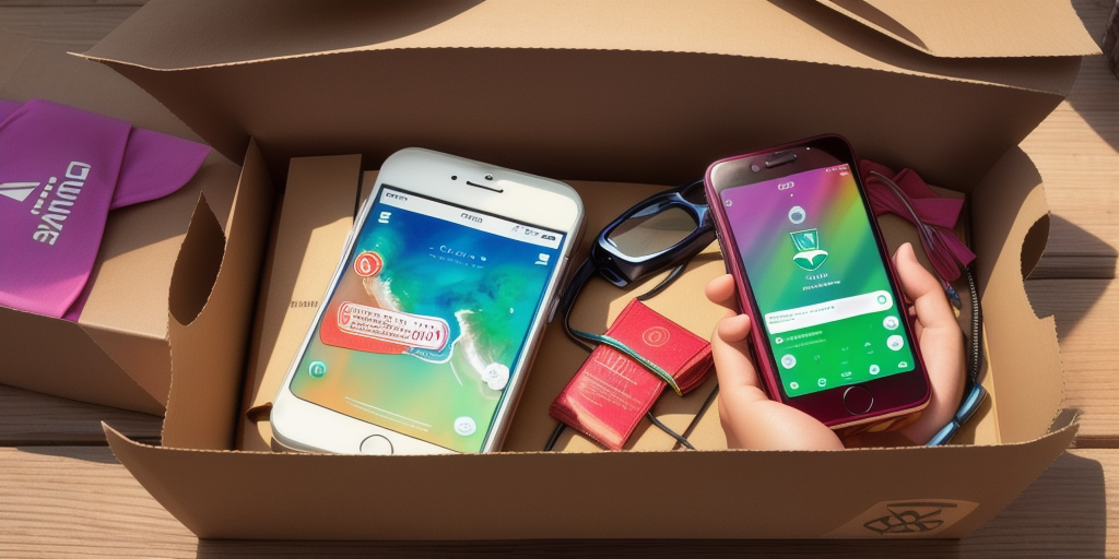 A close-up of an open cardboard box reveals two smartphones, several pairs of red and black glasses, and small red pouches. One phone is in hand, showcasing a colorful screen with app icons. The scene is bathed in natural sunlight, capturing a touch of Pura Vida.