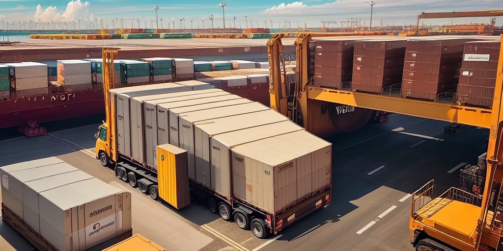 Under the bright blue sky, a bustling shipping yard unfolds as cranes move with precision. Large containers, tracked through UPS Worldship, are being loaded onto trucks. In the background, rows of stacked containers whisper tales of shipment history yet to be completed.