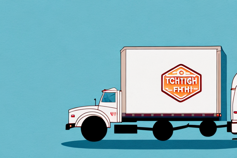 Illustration of a white truck with a hexagonal orange logo on its side featuring stylized text. Positioned against a plain blue background, the image exudes a clean, minimalist vibe, highlighting the trucks role in responsible freight costs management at FOB Shipping Point.