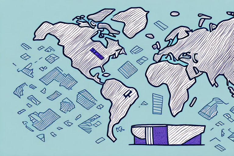 A stylized world map illustration with hand-drawn, abstract elements and scattered geometric shapes captures the eye. A purple rectangle stands out on the map, reminiscent of a lost package waiting to be found. A purple and white platform rests at the bottom against a blue background, inviting you to explore what to do next.