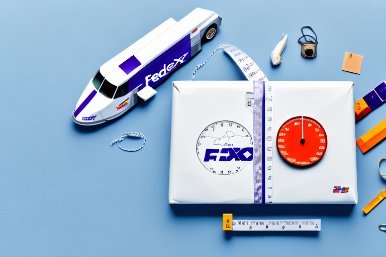 A FedEx-themed toy vehicle sits on a blue background, next to a wrapped package with FedEx logos. A speedometer graphic and measuring tape highlight precision and weight. Scattered around are tools like a screwdriver and camera, evoking the efficiency of FedEx International Shipping Rates.