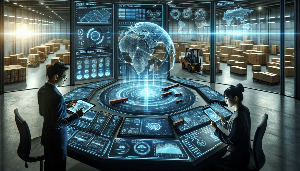 Two people are at a high-tech control table, analyzing global logistics data on digital screens and a holographic Earth. Theyre strategizing for success in a warehouse filled with stacks of boxes and a forklift, ensuring on-time and in-full delivery.