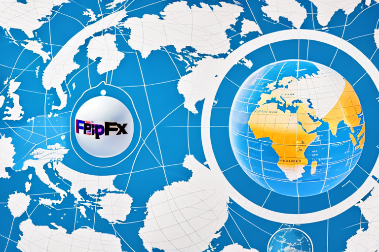 A digital illustration displays a globe focusing on Africa within a radar-like circle on a blue and white world map, reminiscent of tracking shipping rates. Another circle contains the stylized text FeipFx in bold letters.