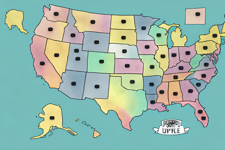 Map of the United States in pastel colors with each state marked by a large button, resembling a UPS Zone Map. Below the map, there is a drawing of a piece of pie accompanying the text Upple.