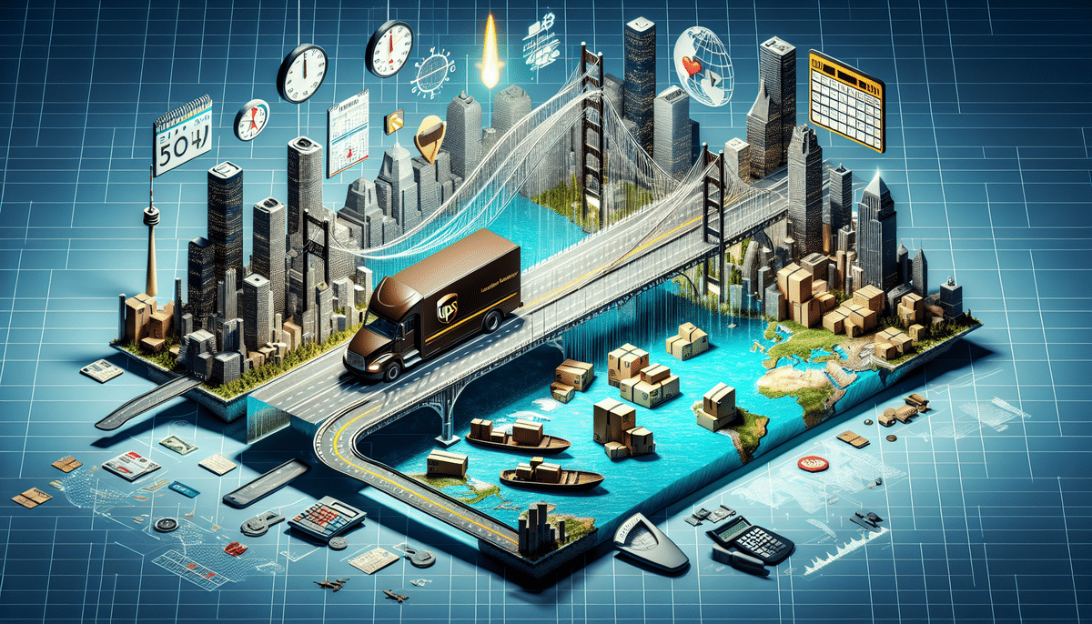 A stylized 3D illustration depicting global logistics shows a delivery truck traveling across an intricate map that includes skyscrapers, bridges, and shipping containers. Icons of planes, ships, and clocks emphasize diverse transportation modes and time zones from Ontario Canada to Houston Texas.