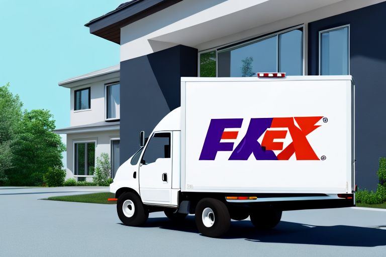 A delivery truck with the logo FLEX is parked in a residential area near modern houses on a bright, sunny day. The white truck, adorned with distinctive purple and red branding, signals its FedEx Direct Signature Required service for packages when recipients are not home.