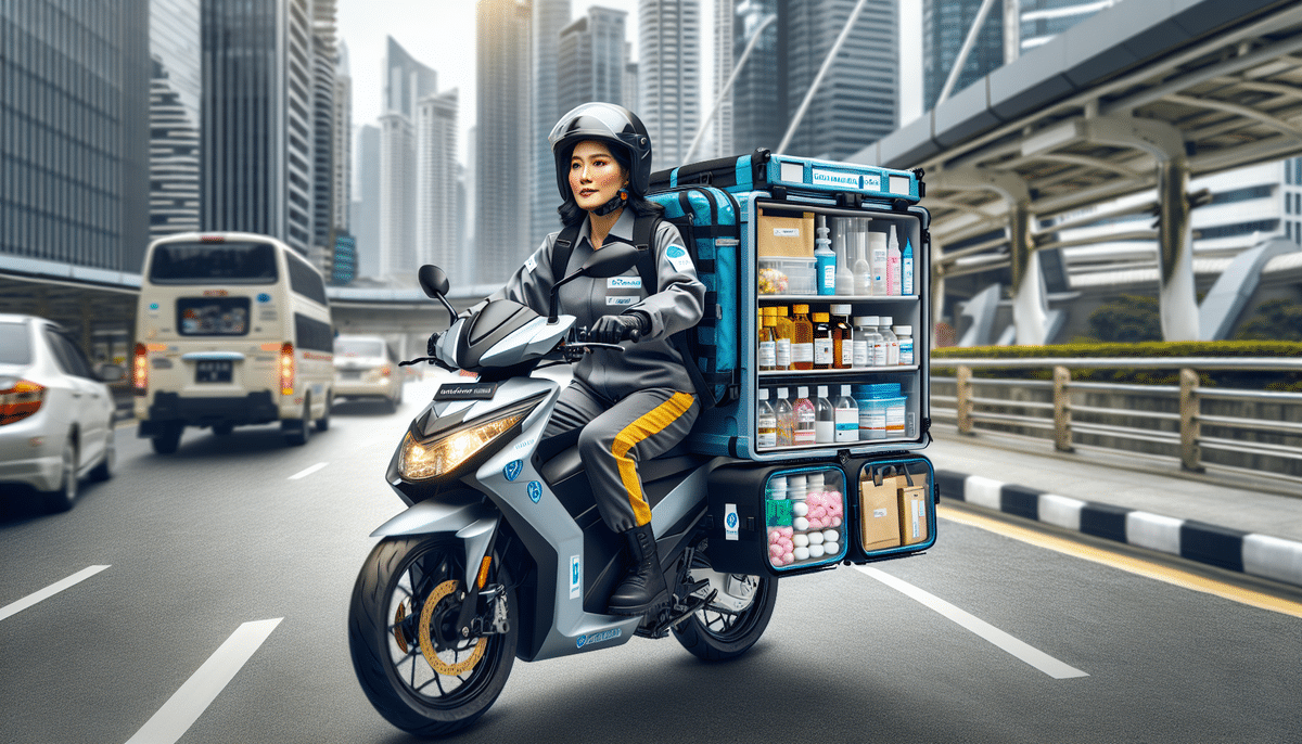 A dedicated medical courier navigates the city on a motorcycle, skillfully transporting essential healthcare needs in a transparent storage box attached to the back. Skyscrapers and bustling traffic form the backdrop of this crucial service.