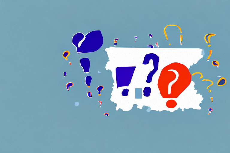 Abstract artwork featuring bold exclamation marks and question marks in blue, red, and orange against a textured teal background evokes the dynamic motion of tracking a missing FedEx package. The scattered symbols embody urgency and intrigue, much like solving a mystery with every claim made.