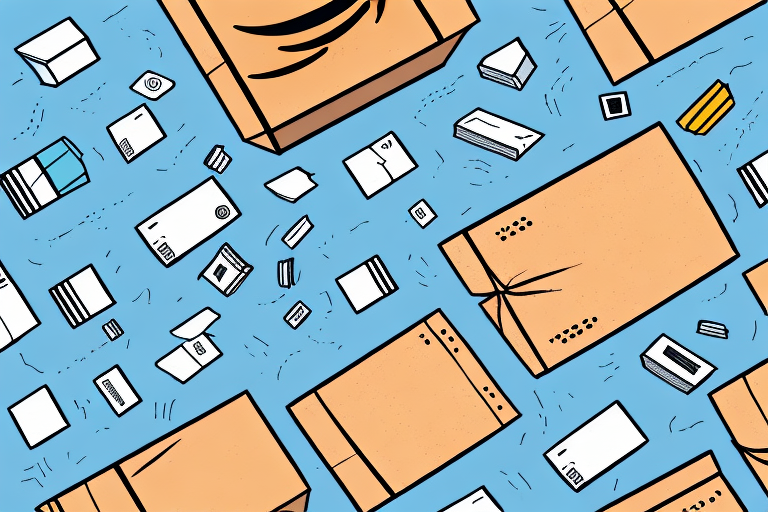 A comprehensive guide illustration featuring various brown cardboard boxes and white envelopes scattered on a blue background, reminiscent of an Amazon process returns scenario. The boxes vary in size and orientation; some sport packing tape while others remain plain.