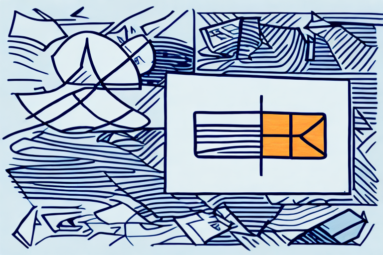 Abstract artwork featuring a central rectangular form with an orange section, surrounded by dynamic blue and black line patterns reminiscent of Canadas diverse landscapes on a light background. The lines evoke a sense of movement and complexity, akin to the rhythm of bustling FedEx shipping routes.
