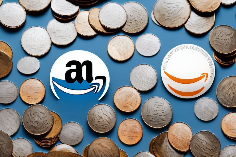 Two logos resembling the Amazon symbol on a blue background are surrounded by various coins, depicting currency and online shopping. This scene subtly hints at the expected price increase for Amazon Prime in 2023.