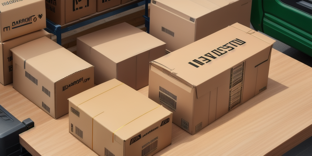 A collection of cardboard boxes with various labels and barcodes is neatly stacked on a wooden surface, showcasing efficient inventory management. Some boxes are visibly marked with tape, while a green vehicle is partially visible in the background.