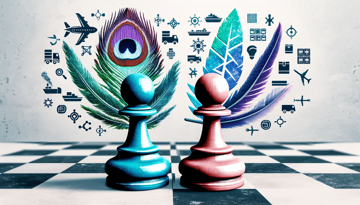 Two chess pawns, one blue and one pink, stand poised on a chessboard. Behind them, colorful feathers adorned with icons of Shippo and Easyship weave an intricate backdrop, masterfully blending strategy with logistics. The scene evokes a subtle comparison of creativity and precision in motion.