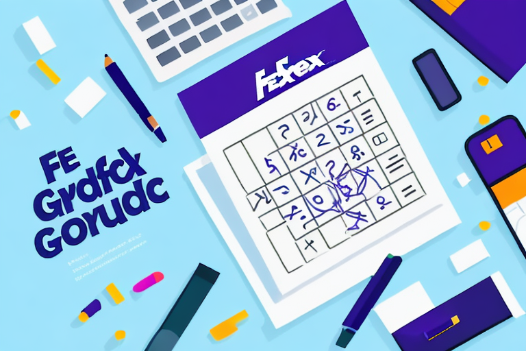 A flat lay of a desk with a FedEx Ground calendar marked in blue ink, stationery items, and a laptop. The calendar and surrounding objects are designed with abstract text and colorful accents in a modern, playful style.