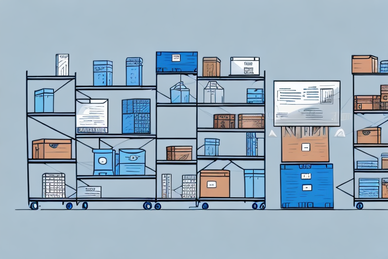 Illustration of shelves on wheels, showcasing real-time inventory management with various boxes and packages in different sizes and colors against a light blue background.