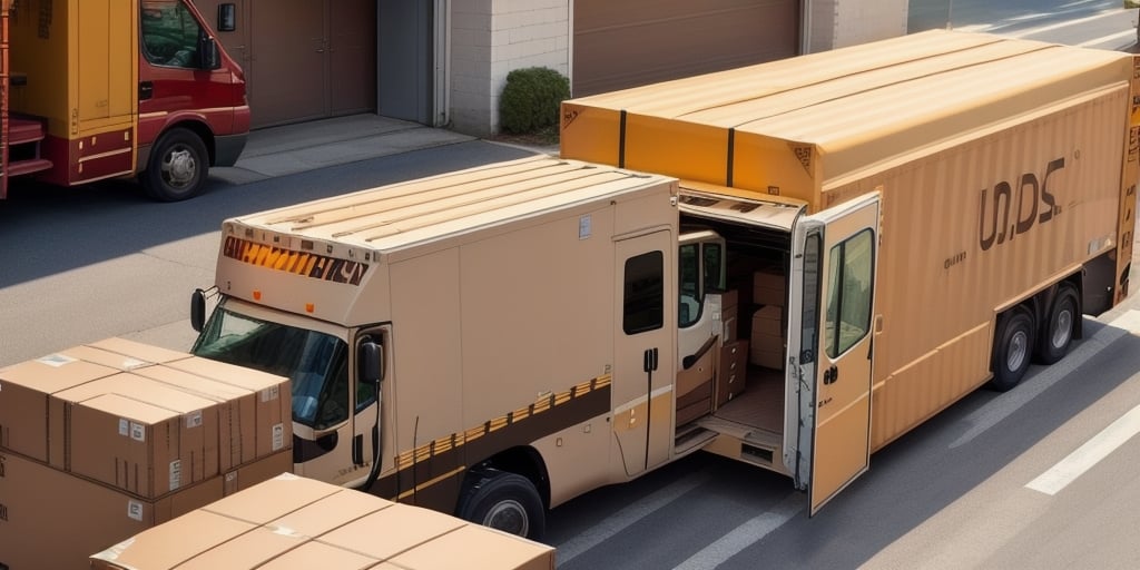 A beige delivery truck with an open rear door is parked on a street, surrounded by large cardboard boxes. Another similar truck, possibly showcasing UPS business shipping rates in action, is parked nearby. The image suggests a bustling logistics or delivery operation.