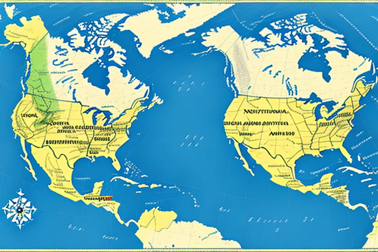 A stylized map of North America features outlines of countries like the United States and Canada, with labels boasting whimsical text. Set against a bright blue ocean, a decorative compass rose graces the lower left corner, adding flair reminiscent of UPS Ground Shipping Rates charts.