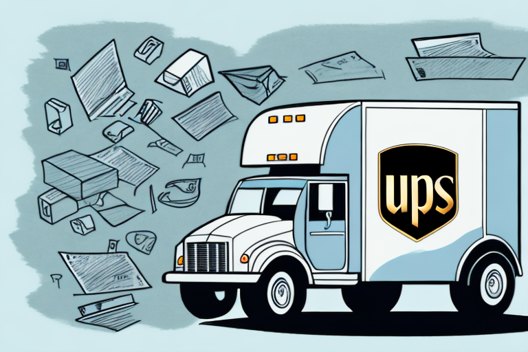 Illustrated image of a UPS delivery truck, featuring the UPS logo, driving forward. Surrounding the truck are various packages and letters in motion, capturing the essence of UPS deliveries. The scene subtly hints at the need for a signature required for certain packages. The background is a light blue shade.