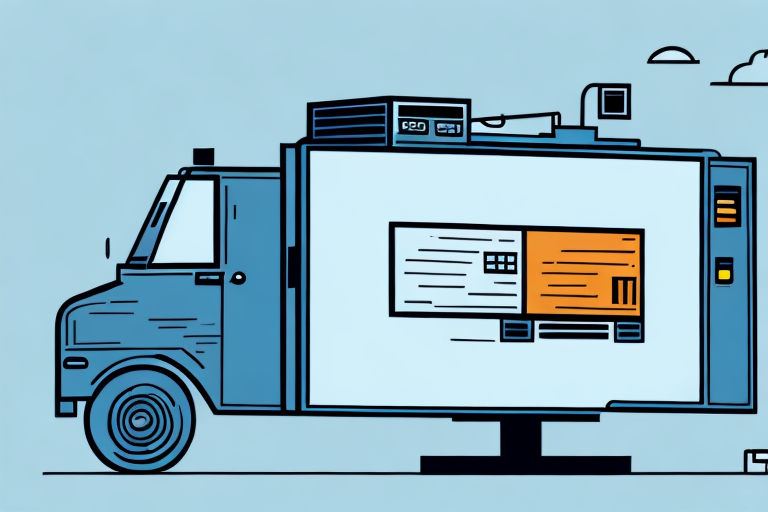 Illustration of a blue delivery van with a large flat-screen TV on its side, displaying a website layout featuring text blocks and orange accents. The scene is set against a light blue sky with minimal clouds, capturing the essence of swift service for items less than 70 lbs.