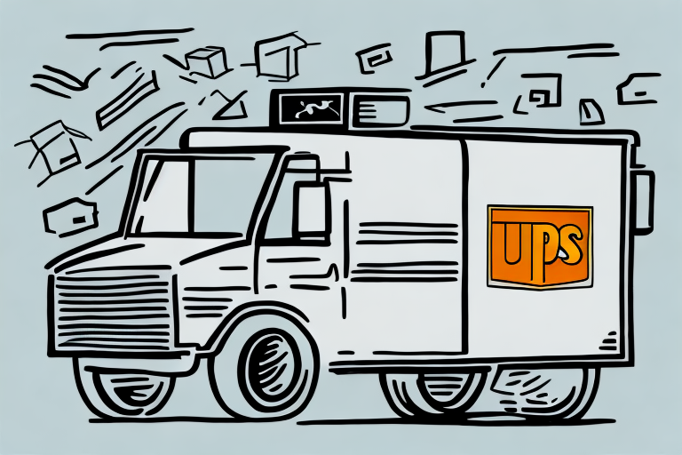 Illustration of a UPS delivery truck speeding along, packages flying in its wake against a light blue background. The large orange UPS logo proudly displayed on the side highlights its commitment to fast service, perfect for those needing UPS Overnight Delivery.