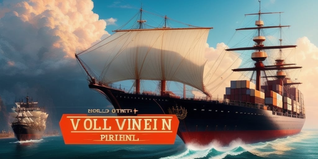 A large cargo ship, reminiscent of UPS WorldShip efficiency, sails through the ocean under a blue sky, stacked high with containers. Another ship is visible in the distance. A stylized logo is in the foreground, symbolizing streamlined logistics and precise setup.