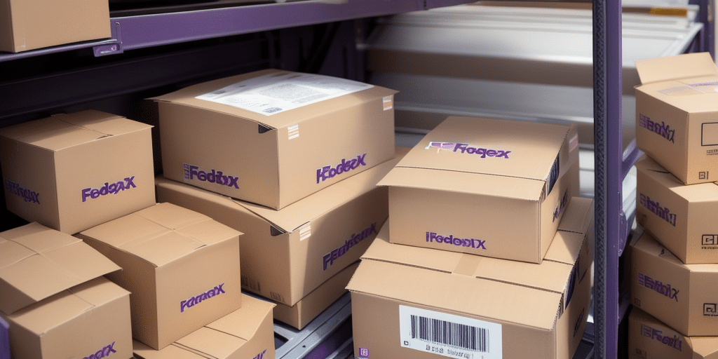 Stacks of FedEx cardboard boxes are arranged on metal shelves, each box displaying a shipping label printed via FedEx Ship Manager. The shelves appear to be part of a storage or shipping area.